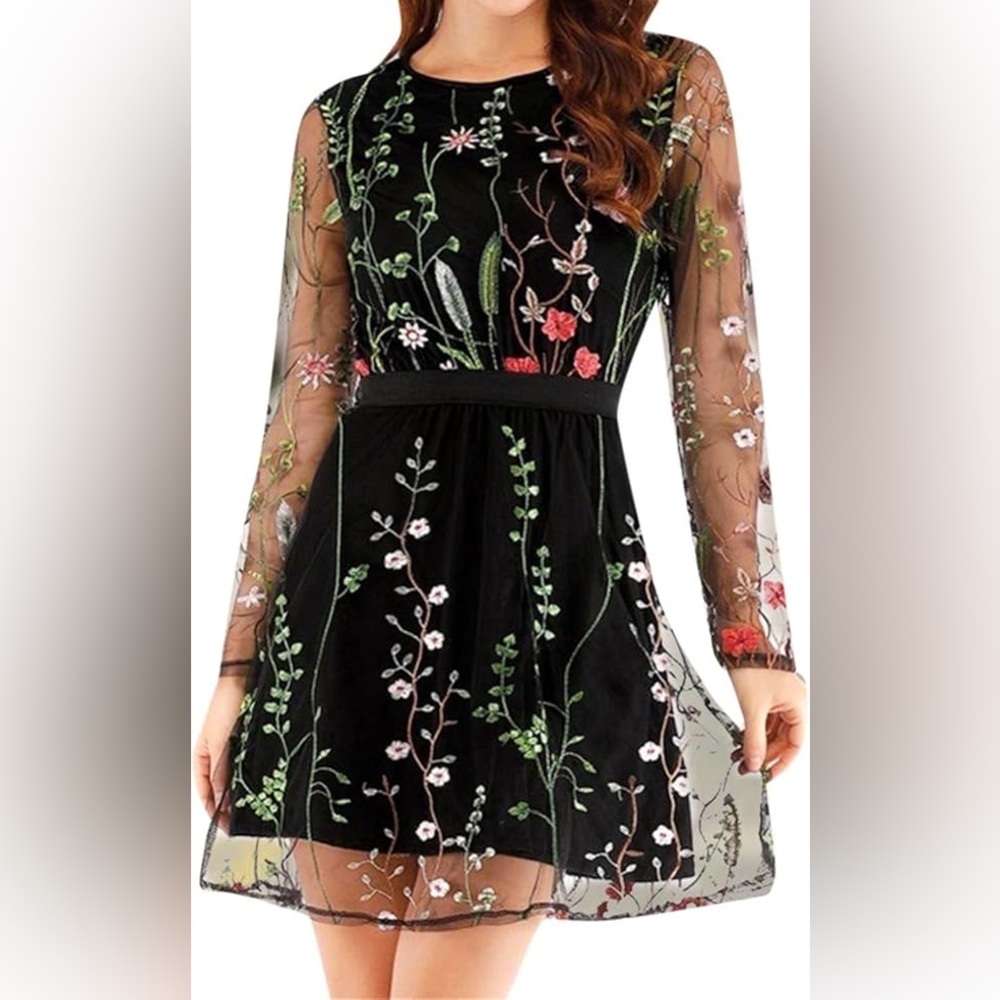 Floral Embroidered Black Dress